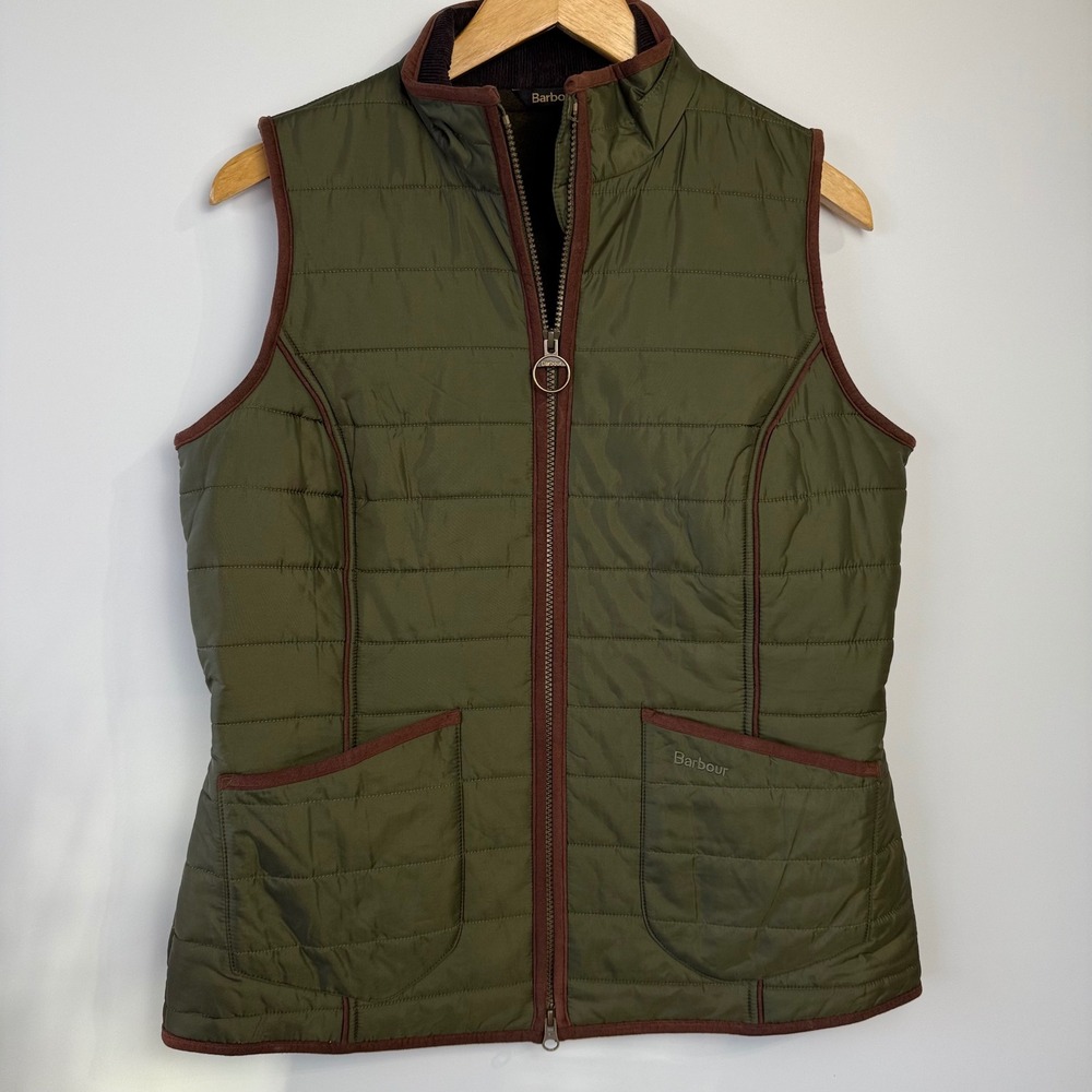 Barbour Khaki Quilted Vest with Brown Accents